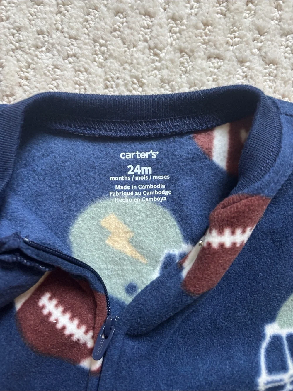 Carter's Navy Fleece Football Print Footed One-Piece, Size 24m